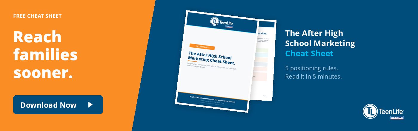 Download the free After High School Marketing Cheat Sheet for gap year, bootcamp, and trade programs